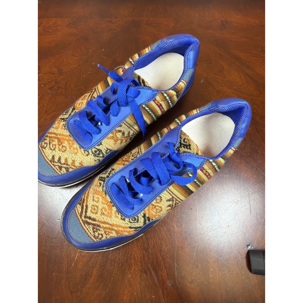 Boho Blue Woven Tapestry Geometric Print Low Top Lace Up Sneakers Shoes‎
